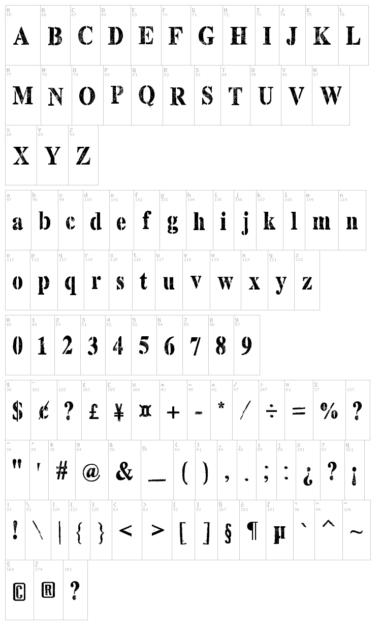 Top Secret Stamp font map